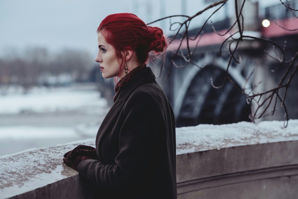 woman looking in the distance winter setting