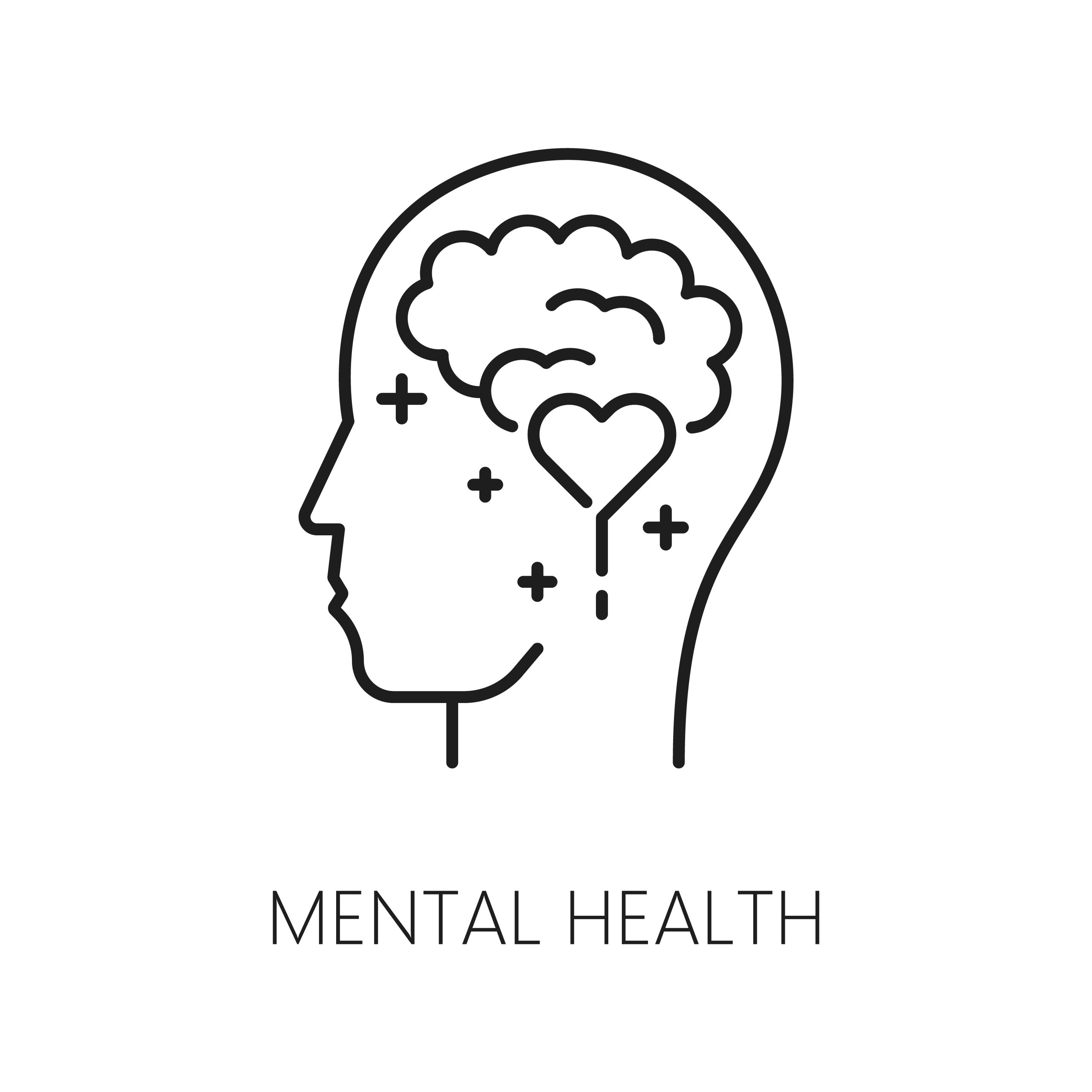 Mental health. Psychological disorder problem icon. Cognitive disorder or mental health, psychotherapy or human psychology problem linear vector icon with healthy brain, inside human head silhouette