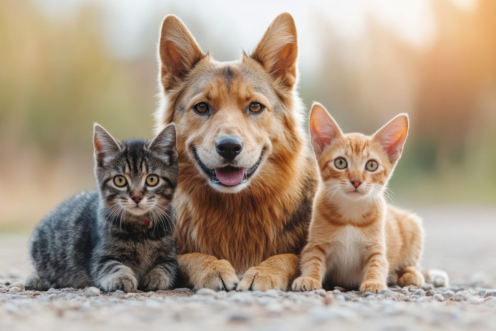 A cheerful dog sits with two kittens on a gravel path, enjoying the warm hues of sunset together.