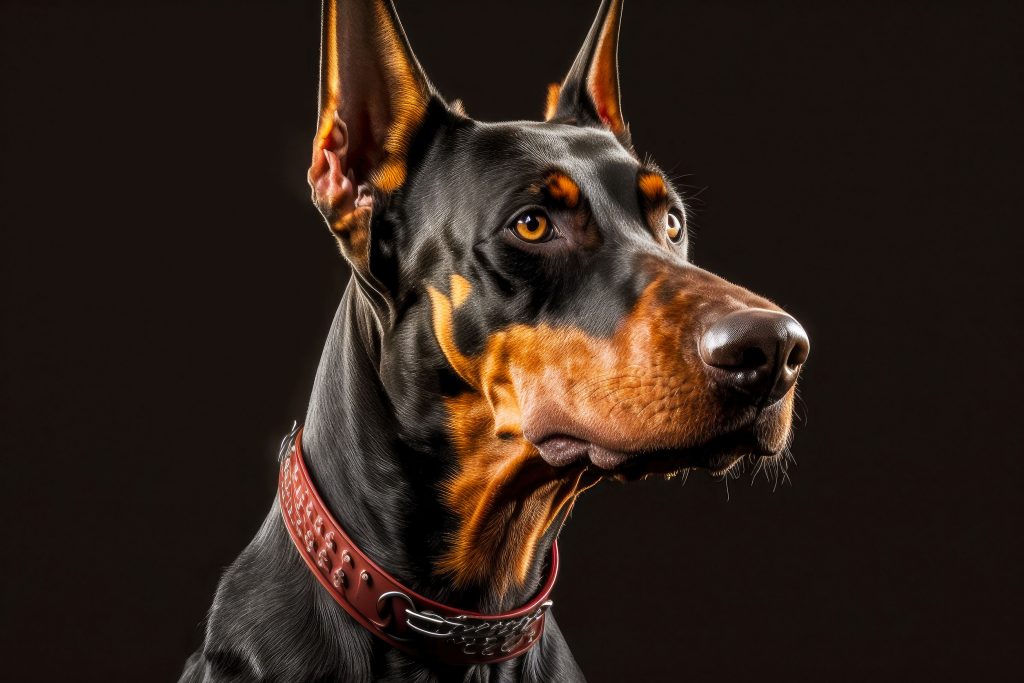 purebred dog in form of doberman pincher with bright red collar, generative ai