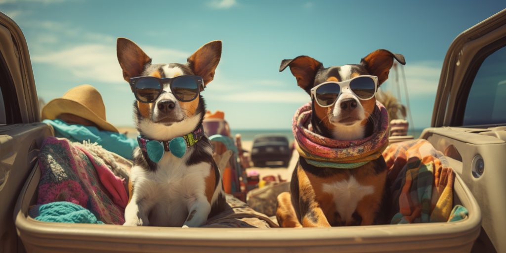 Two cool dogs with sun glasses at the beach.Vacation concept, summer feelings. Generative AI.