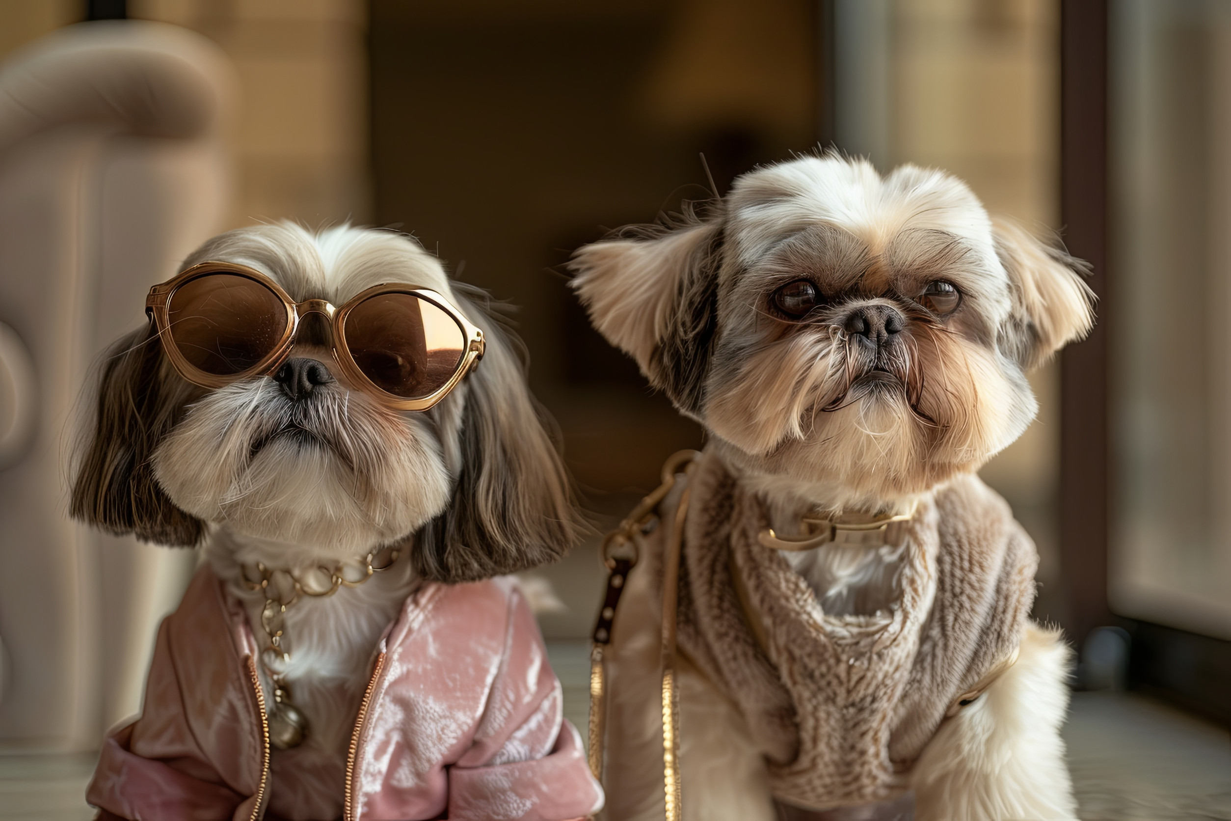 Two toy breed Shih Tzu dogs in sweaters and sunglasses are seated side by side. These carnivorous companion dogs have fawncolored coats and adorable snouts